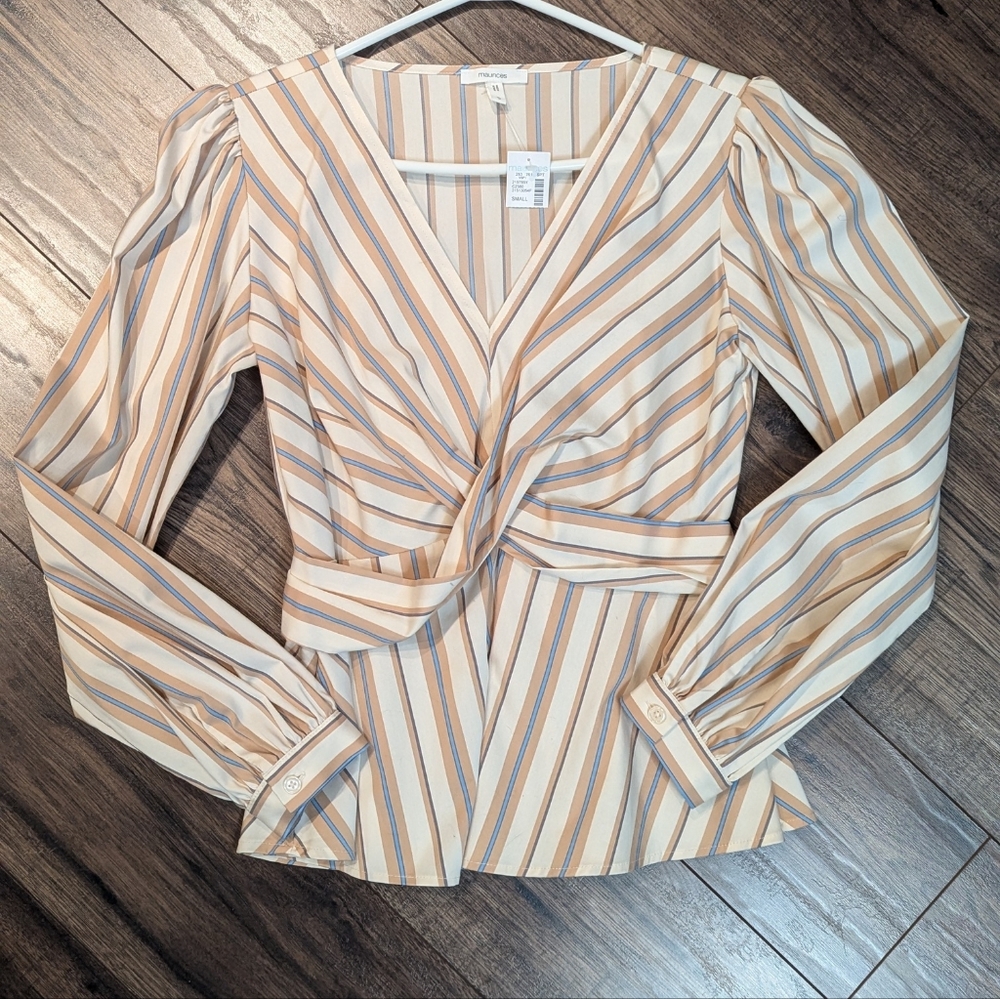 Maurices Cream/Tan/Blue Striped Wrap Blouse